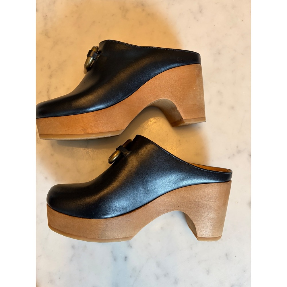 Frame Le Ione Clog Noir Black Leather Wooden Platform Mules Brass Buckle 37 US 7 - Picture 8 of 13
